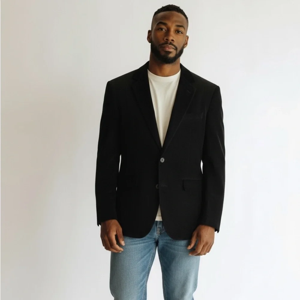 DKNY Classic Black Velvet Blazer – Elegant 2-Button Jacket, Timeless Style